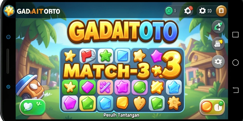 Tangkapan layar menampilkan gameplay seru GADAITOTO dengan match-3 penuh warna.