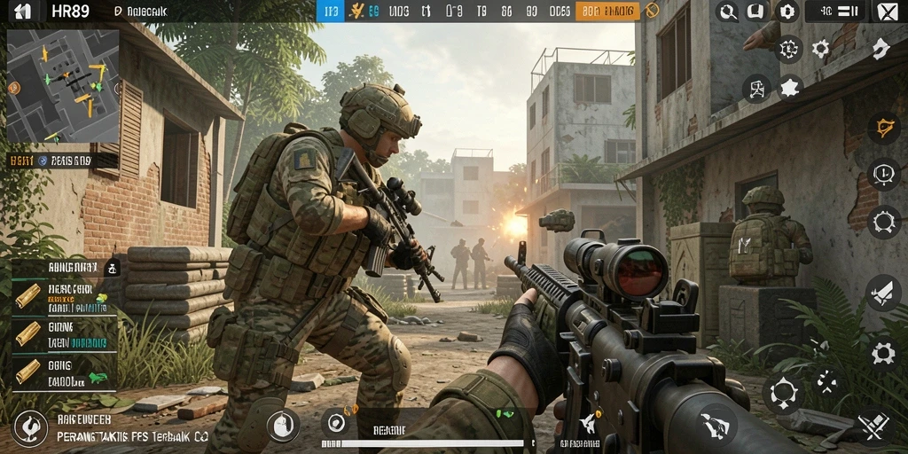 Tampilan gameplay HR89 yang intens dalam pertempuran FPS.