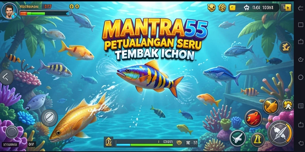 Gameplay seru dalam MANTRA55 dengan beragam ikan untuk ditembak.