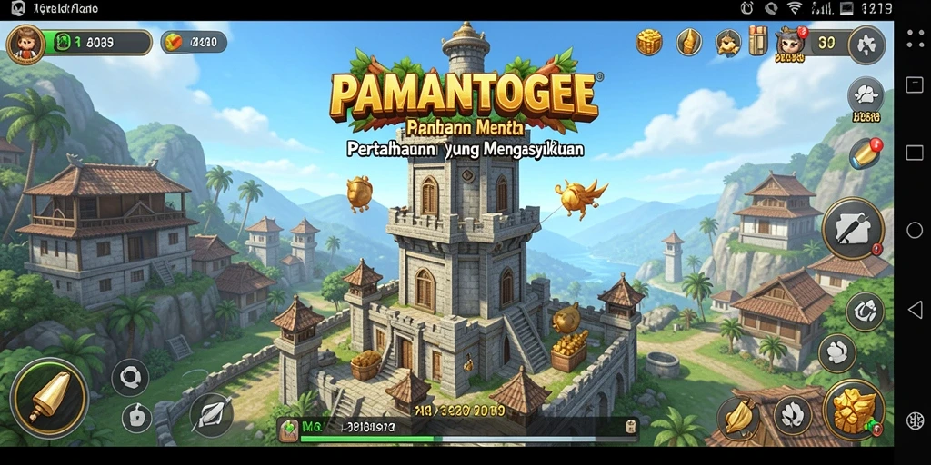 Screenshot gameplay <strong>PAMANTOGEL</strong> menunjukkan menara pertahanan yang beraksi melawan gelombang musuh.