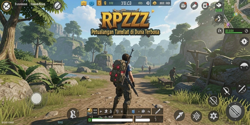 Screenshot gameplay RPZZZ yang menunjukkan petualangan di dunia terbuka yang luas.