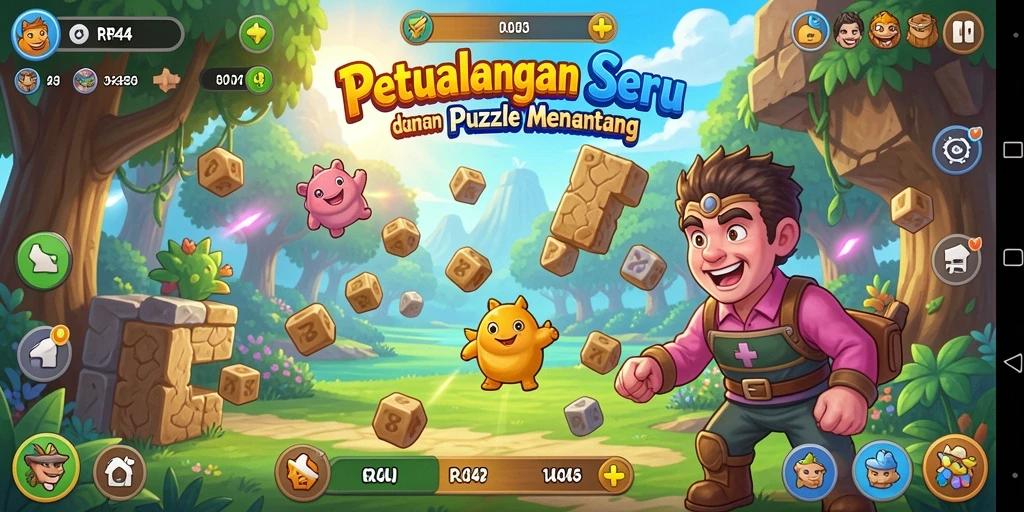 Screenshot gameplay RR44 menunjukkan tantangan Puzzle yang menarik dan penuh warna.